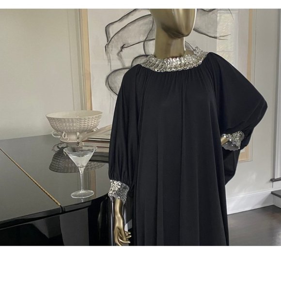 Vintage GLAM 70s Caftan Sequin Trimmed Maxi Dress 1970s Lounge Wear S-M-L - Picture 7 of 11
